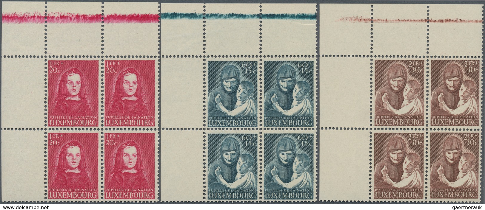 15118 Luxemburg: 1950, 60C.+15C. - 10Fr.+5Fr., Kriegswaisen, Postfr. Ungefaltete Eckrand-Viererblock Serie - Autres & Non Classés