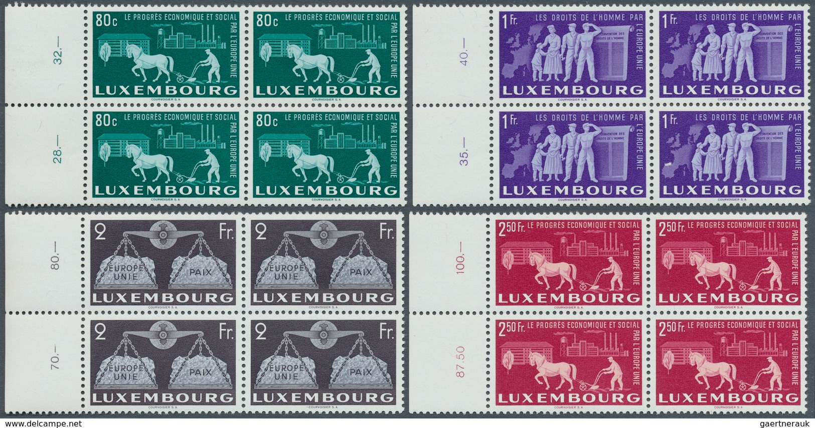 15119 Luxemburg: 1951, Europa-Union Komplett Postfrisch In 4er-Blöcken Vom Linken Bogenrand, Mi 880.- + - Sonstige & Ohne Zuordnung