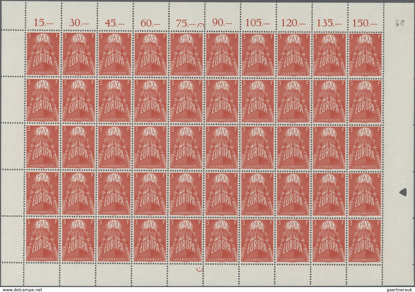 15125 Luxemburg: 1957, Europa, 2 - 4 Fr. Je Im Kompletten Bogen Zu 50 Werten, Einmal Mittig Gefaltet, Tade - Sonstige & Ohne Zuordnung