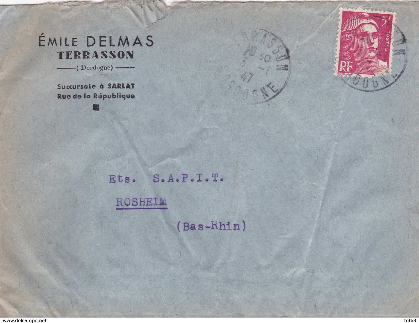 Lettre à Entête Terrasson 1947 émile Delmas Pour SAPIT Rosheim - 1921-1960: Modern Period