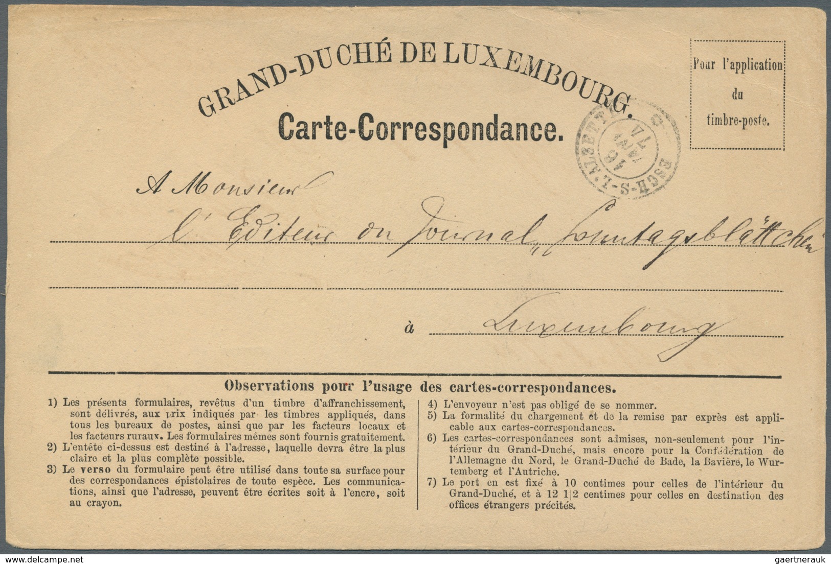 15144 Luxemburg - Ganzsachen: 1870, Pre-printing Card "GRAND-DUCHÉ DE LUXEMBURG - Carte-Correspondance" Us - Ganzsachen