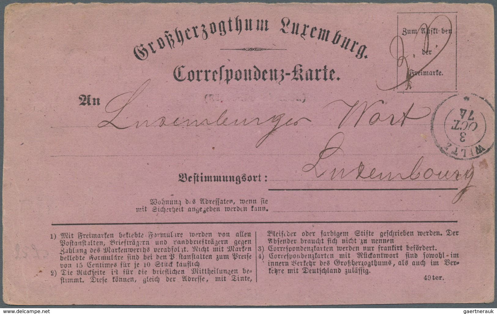 15145 Luxemburg - Ganzsachen: 1873, Pre-printing Question Card ("Rückantwort Bezahlt" Scratched Out) Used - Ganzsachen