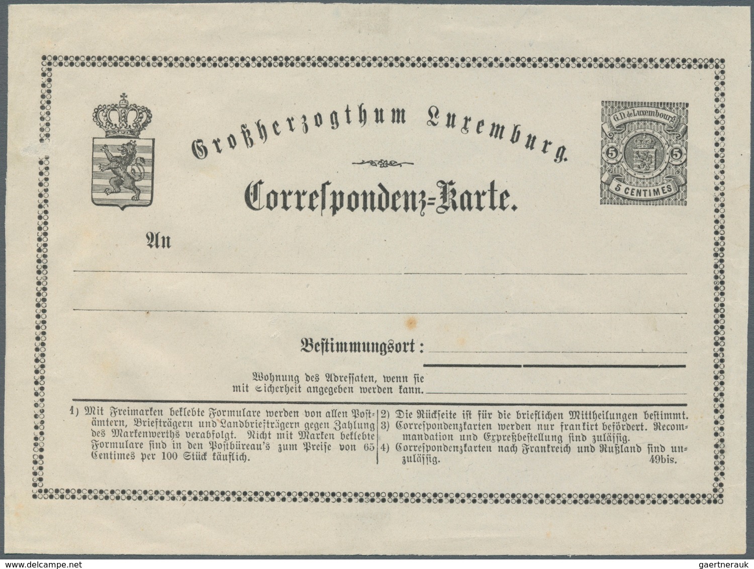 15146 Luxemburg - Ganzsachen: 1875, Essay Card 5 C. Black In German Language On Thin White Paper, Slight T - Ganzsachen