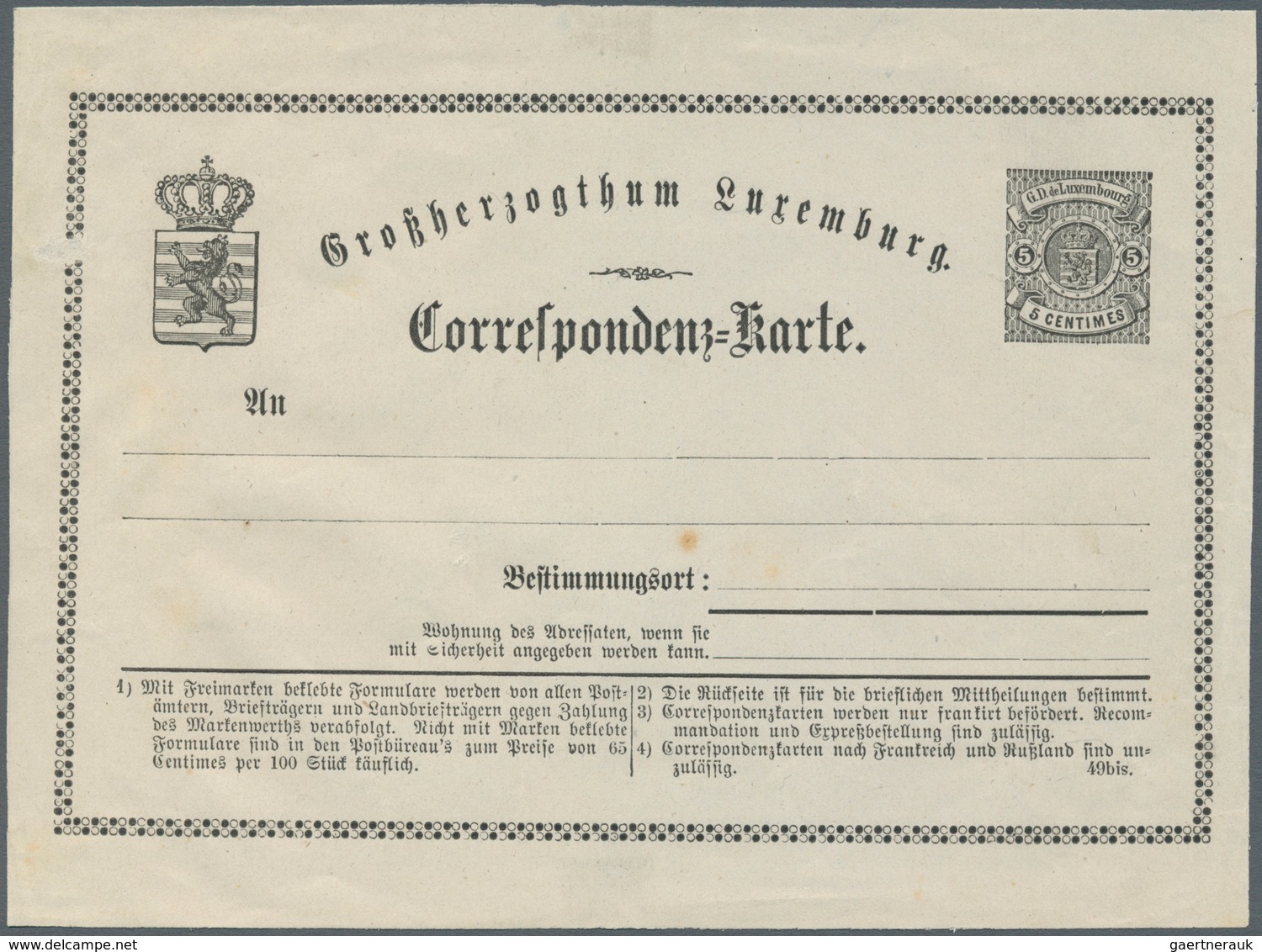 15146 Luxemburg - Ganzsachen: 1875, Essay Card 5 C. Black In German Language On Thin White Paper, Slight T - Entiers Postaux