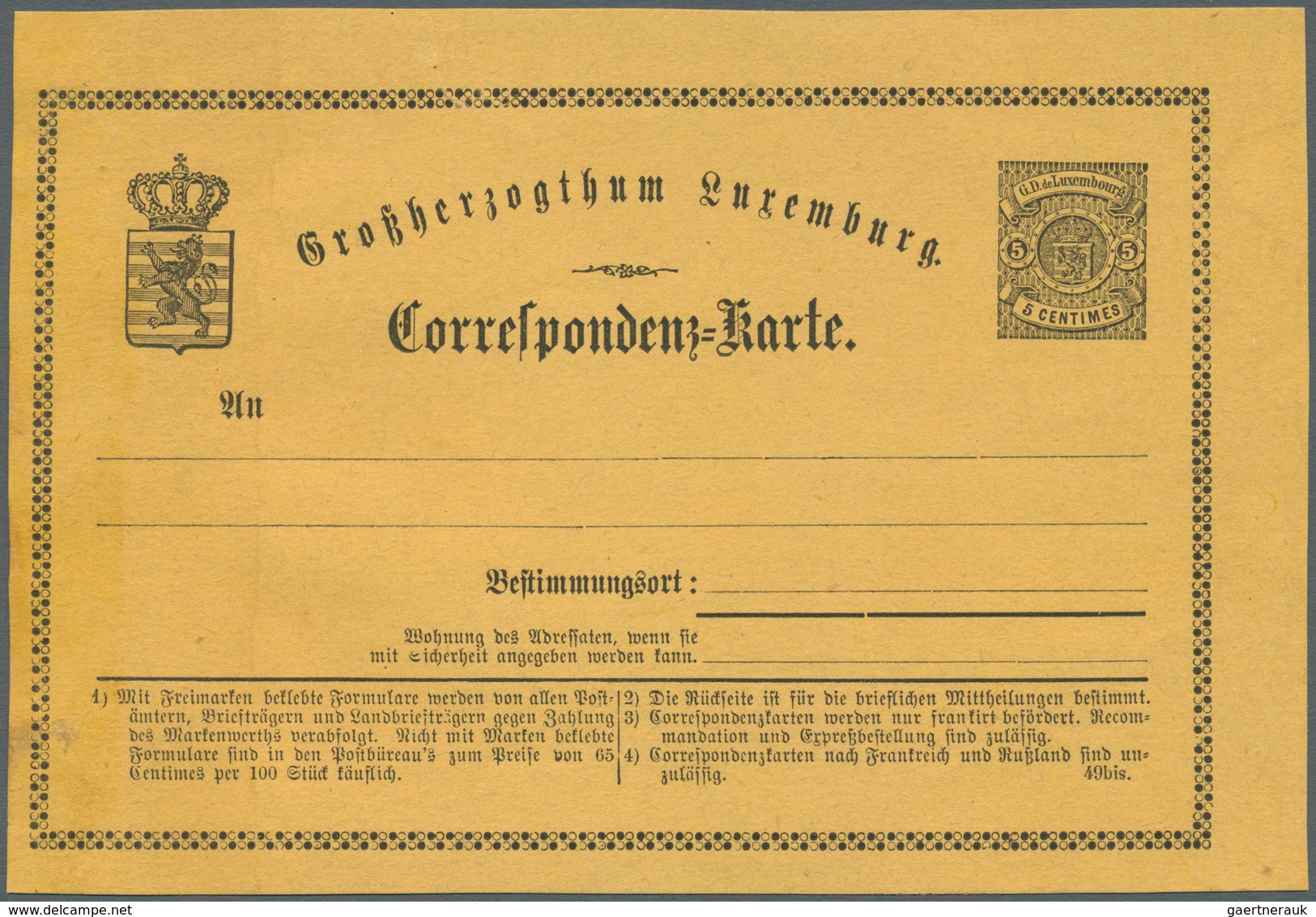 15147 Luxemburg - Ganzsachen: 1875, Essay Card 5 C. Black In German Language On Yellowish Paper, Slight Tr - Ganzsachen