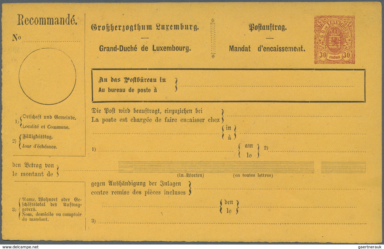 15149 Luxemburg - Ganzsachen: 1877, Proof "postal Order" Card 30 C. On Pale Yellowish Paper, Unused, Fine, - Ganzsachen