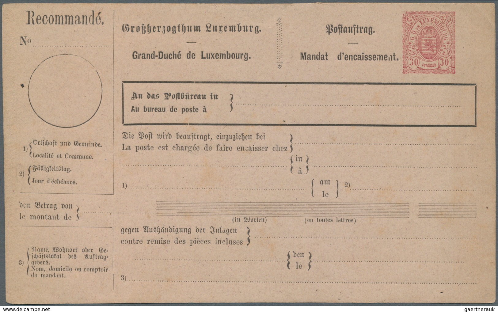 15150 Luxemburg - Ganzsachen: 1877, Proof "postal Order" Card 30 C. On Pale Violet Paper, Unused, Fine, Ra - Ganzsachen