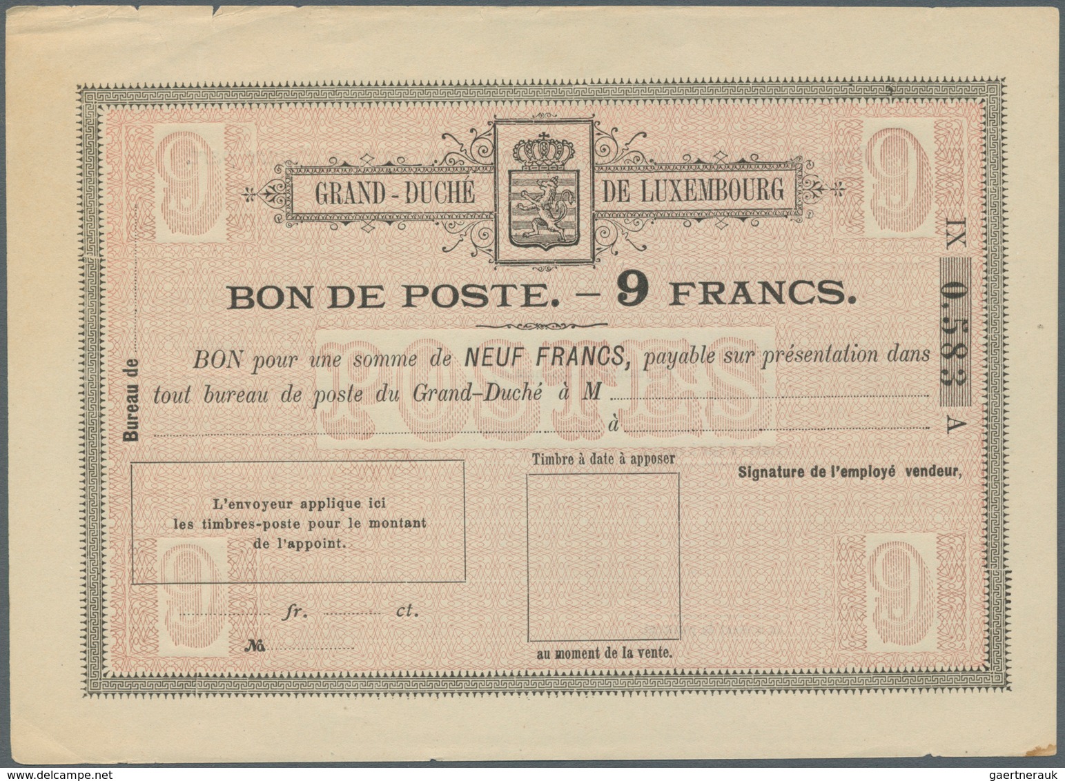 15151 Luxemburg - Ganzsachen: 1884, 1 fr. - 10 fr. Bon de Poste, complete set with ten pieces, unused, mos