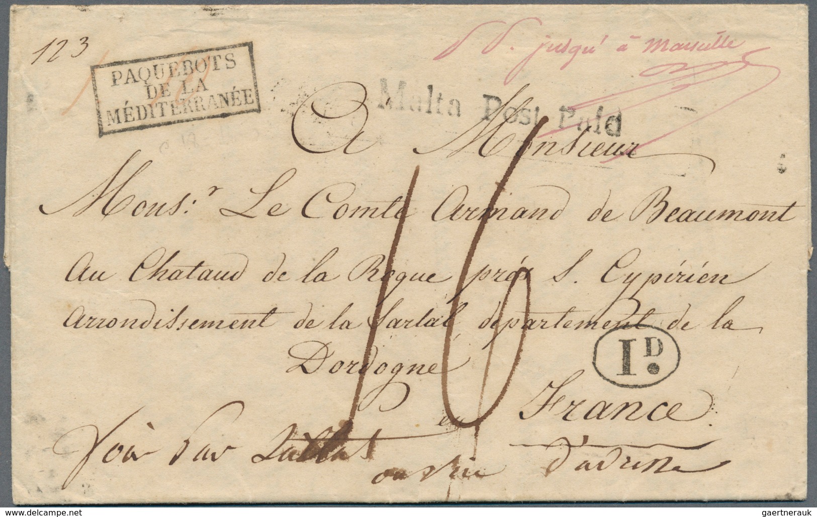 15159 Malta - Vorphilatelie: 1839 (26 Jan.), Folded Entire Letter From Malta To St. Cyprien Near Sarlat, D - Malta