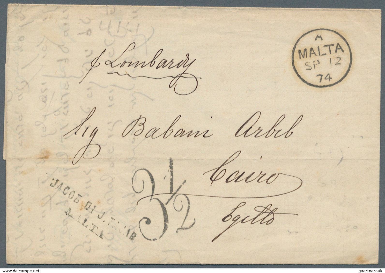 15160 Malta: 1874. Stampless Envelope Written By 'Jacob Di J. Tajar' Addressed To Egypt Cancelled By Malta - Malte