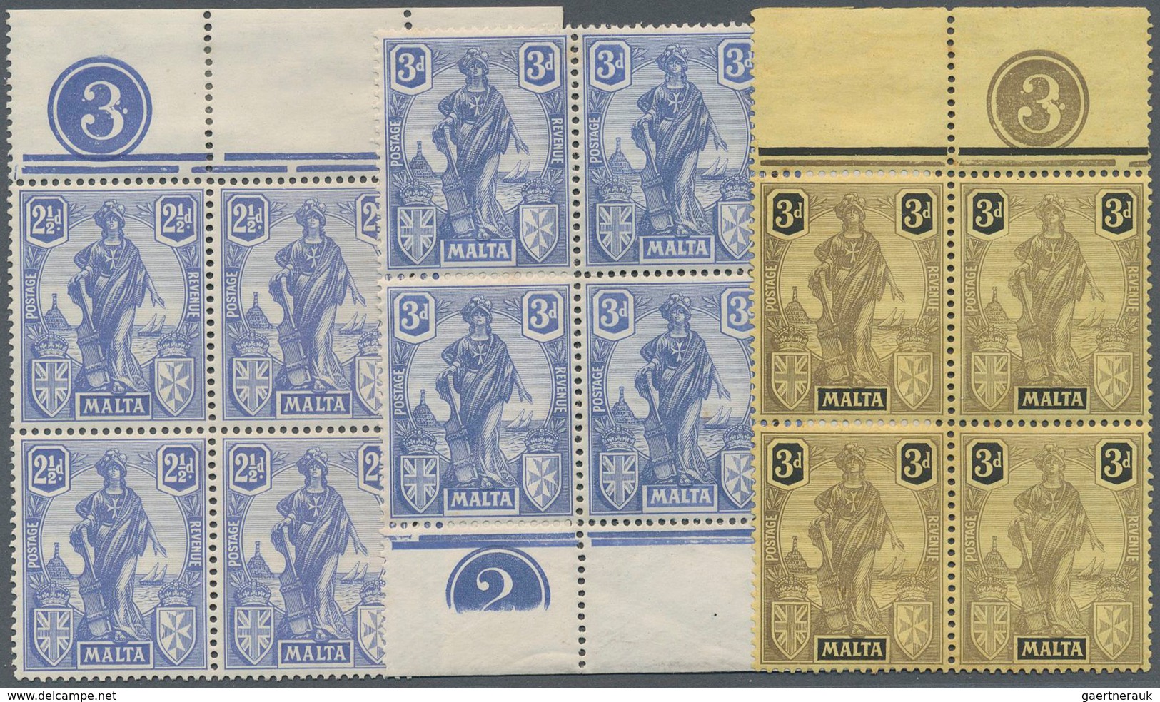 15165 Malta: 1922/1926, 'Melita' Definitives Eight Different Values In Blocks/4, 8 Or 9 From Margins Or Co - Malte