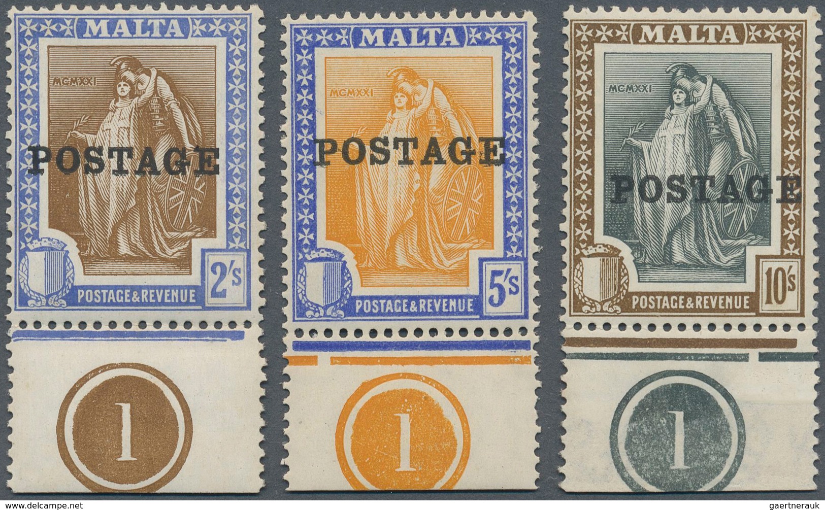 15166 Malta: 1926, 'Melita' Definitives With Opt. 'POSTAGE' Complete Set Incl. Singles Of 2s., 5s. And 10s - Malte