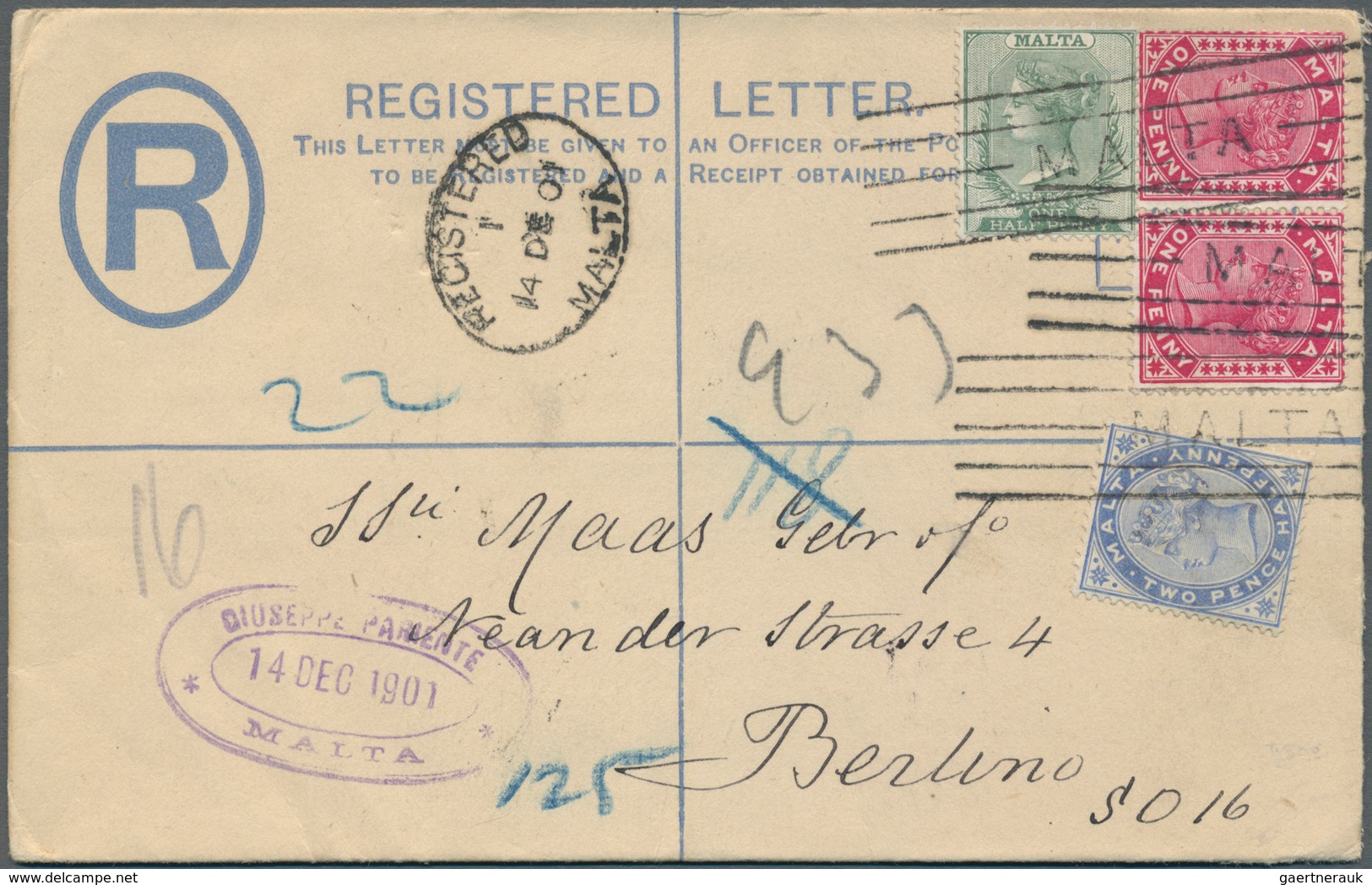 15170 Malta - Stempel: 1901, 2 D Blue QV Registered Pse, Uprated With 1/2 D Green, 2 X 1 D Carmine And 2 1 - Malte