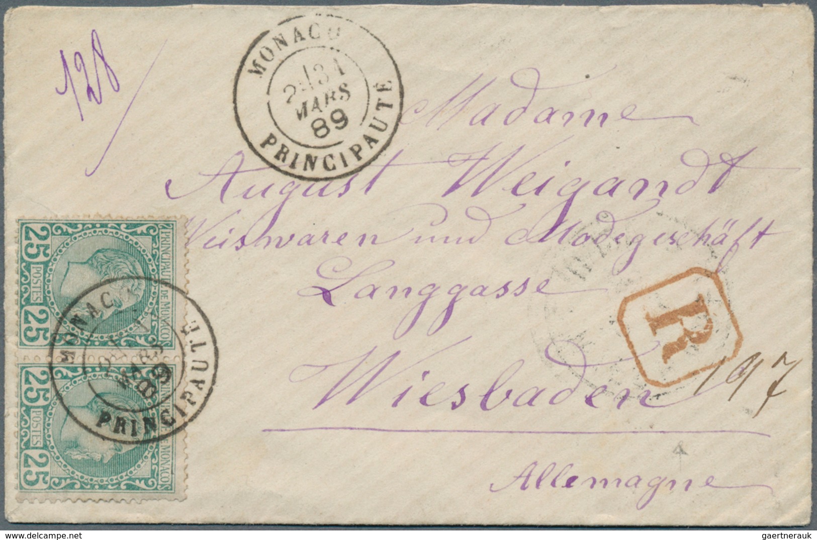 15177 Monaco: 1889, 25 C., A Horizontal Pair Tied "MONACO 31 MARS 89" To Small Size Registered Cover To Ge - Ungebraucht