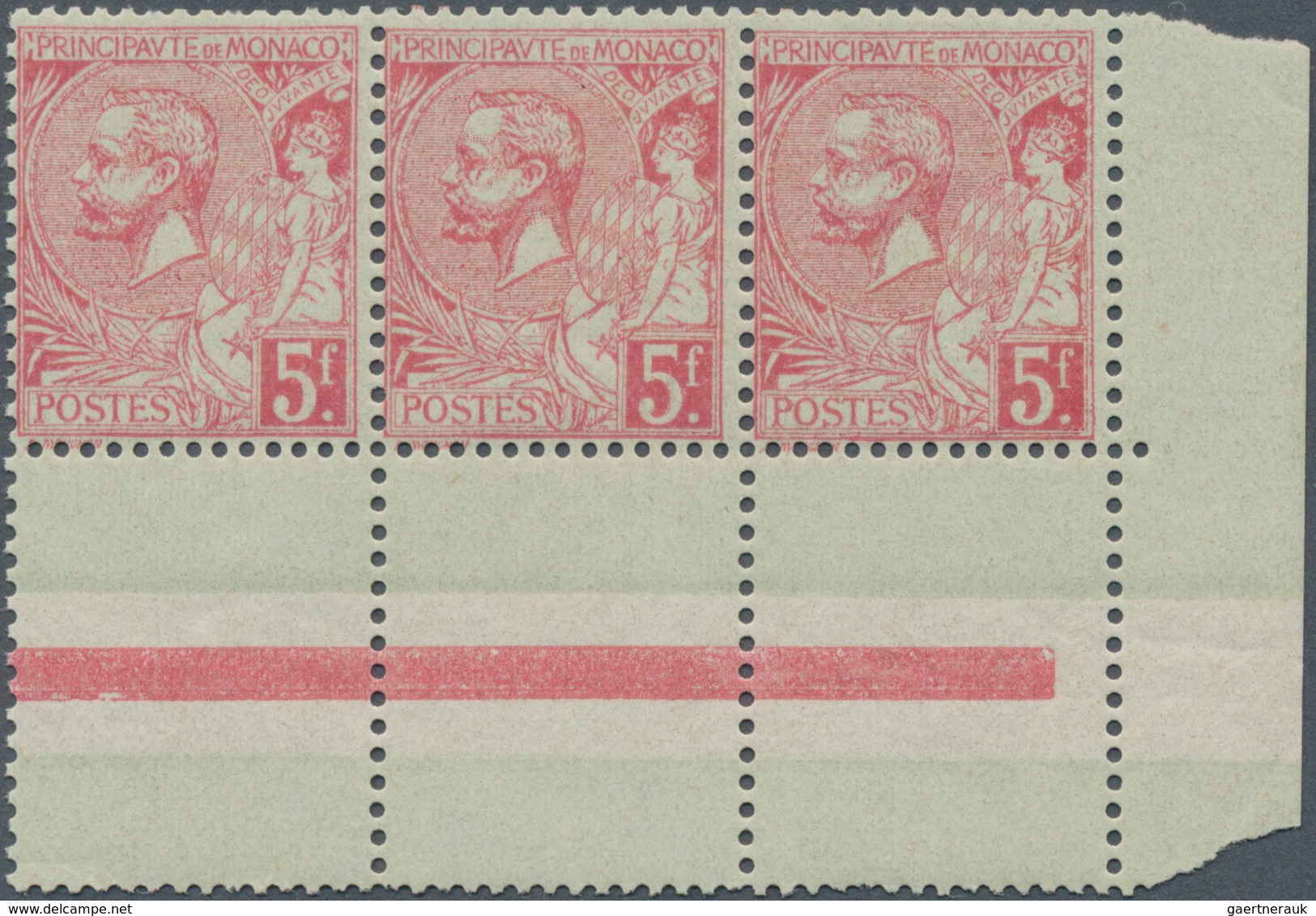 15182 Monaco: 1891 'Albert I.' 5f. Rose On Greenish, Right Hand Marginal Strip Of Three With Gutter 'stamp - Ungebraucht