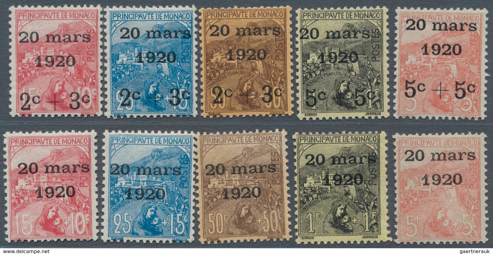 15189 Monaco: 1920, Royal Wedding, Overprints On 1919 War Orphans, Complete Set Of Ten Values, Fresh Colou - Ungebraucht