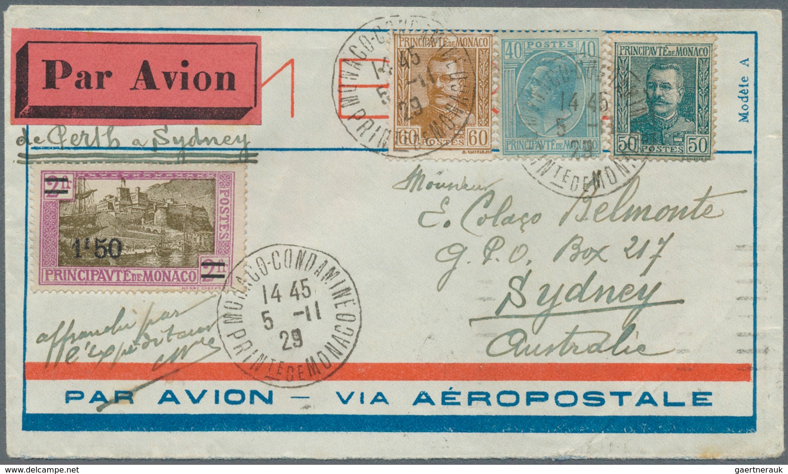 15191 Monaco: 1929, 40 C, 50 C, 60 C And 1,50 Fr On 2 Fr Definitives, Mixed Franking On Cover From MONACO- - Neufs