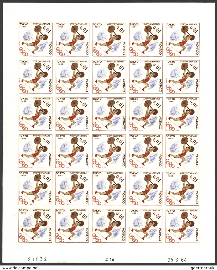 15211 Monaco: 1964, Olympic Games Tokyo, 0.01fr. To 0.04fr., Four Values IMPERFORATE, Complete Sheets Of 3 - Ungebraucht