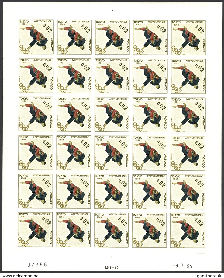 15211 Monaco: 1964, Olympic Games Tokyo, 0.01fr. To 0.04fr., Four Values IMPERFORATE, Complete Sheets Of 3 - Ungebraucht