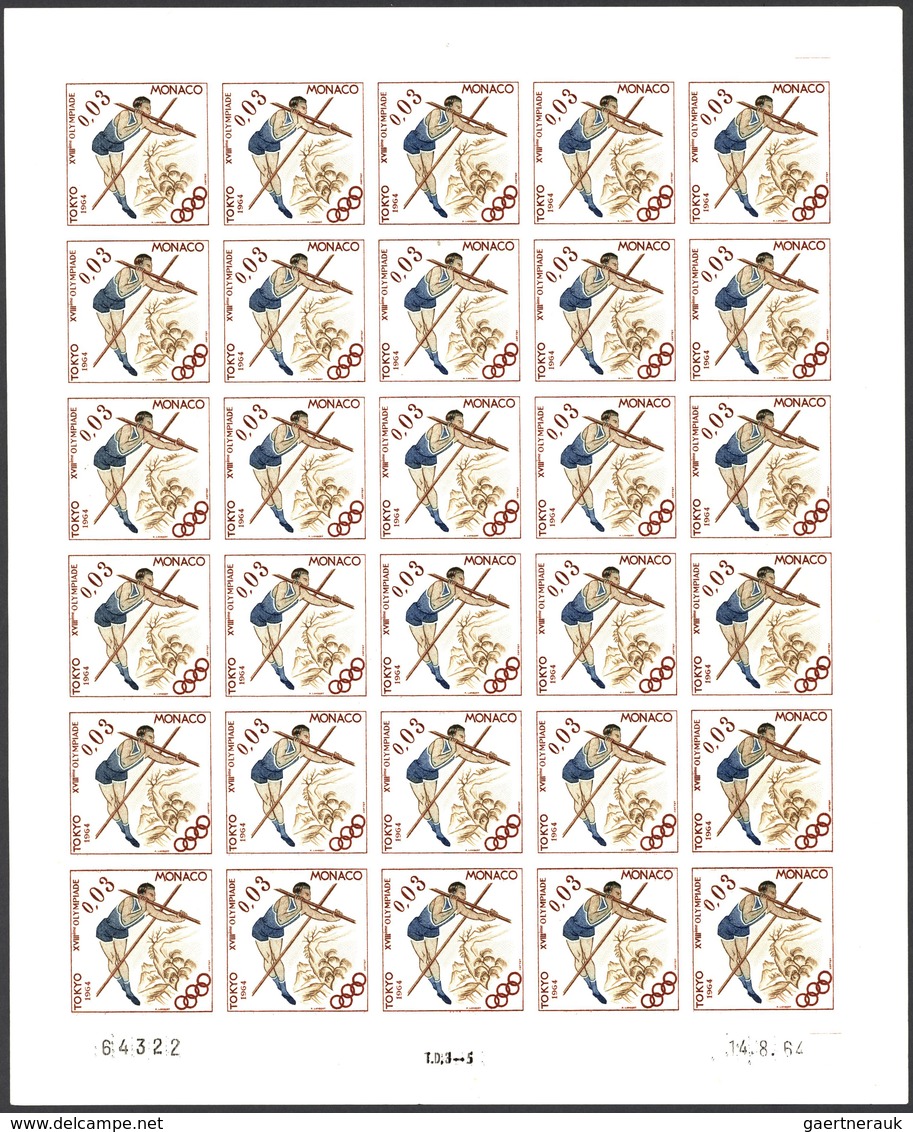 15211 Monaco: 1964, Olympic Games Tokyo, 0.01fr. To 0.04fr., Four Values IMPERFORATE, Complete Sheets Of 3 - Ungebraucht