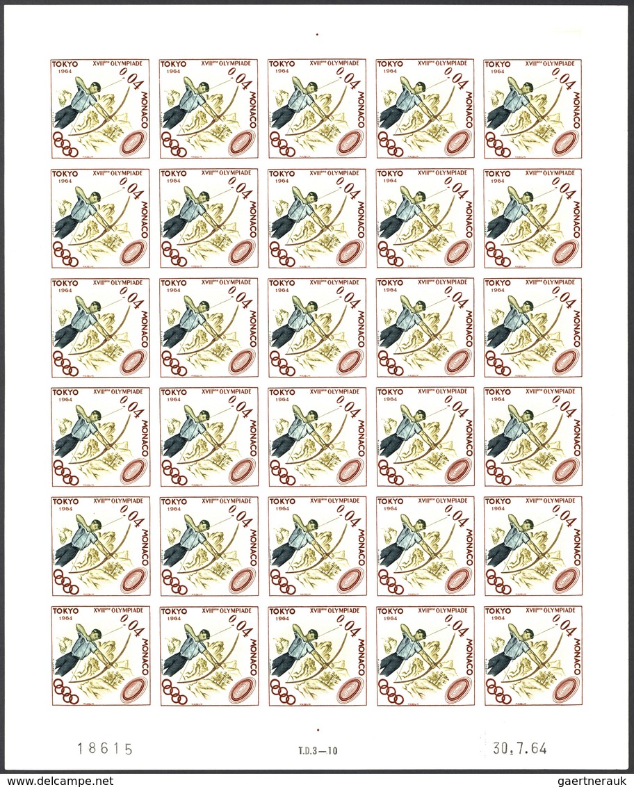 15211 Monaco: 1964, Olympic Games Tokyo, 0.01fr. to 0.04fr., four values IMPERFORATE, complete sheets of 3