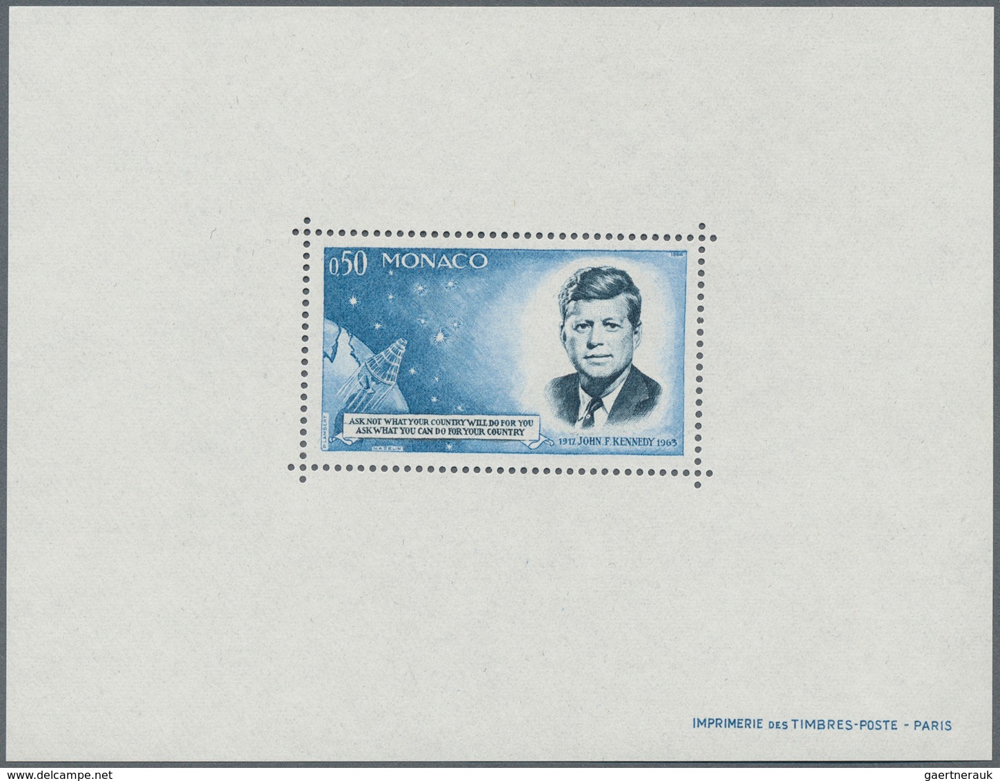 15212 Monaco: 1964, Kennedy Memorial, Bloc Speciaux, Unmounted Mint (dull Gum Spot And Slight Corner Creas - Neufs