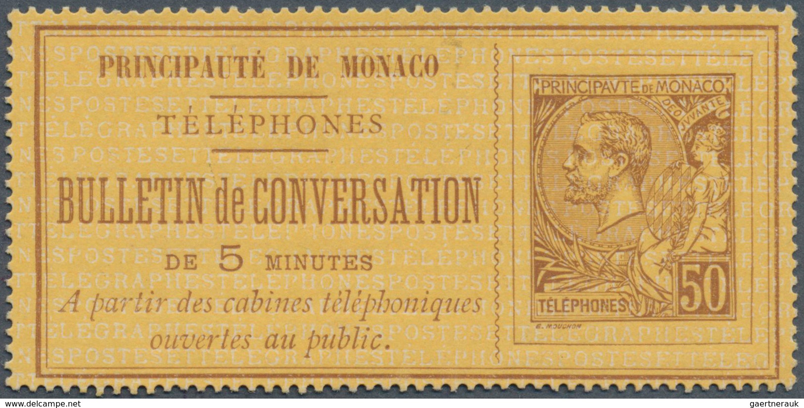 15220 Monaco - Ganzsachen: 1892, Telephone Billet, 50c. Brown On Yellow, Unused No Gum As Issued. Maury 1, - Ganzsachen