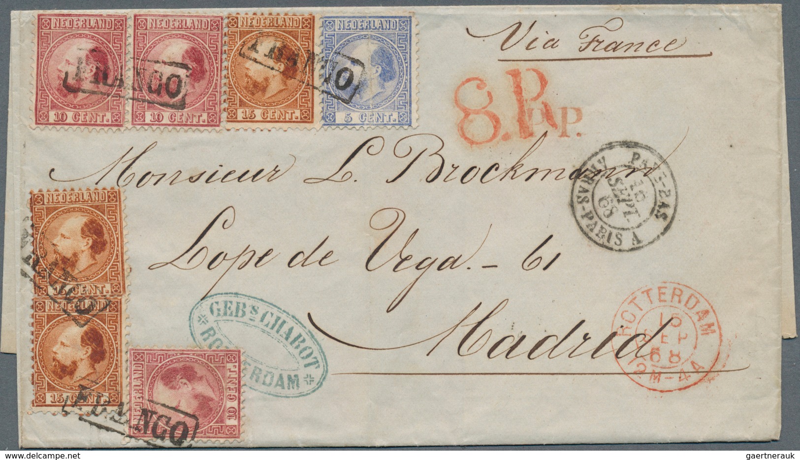 15233 Niederlande: 1868, 5 C Blue, 3 X 10 C Carmine And 3 X 15 C Red-brown Willem III., Tied By Boxed "FRA - Briefe U. Dokumente