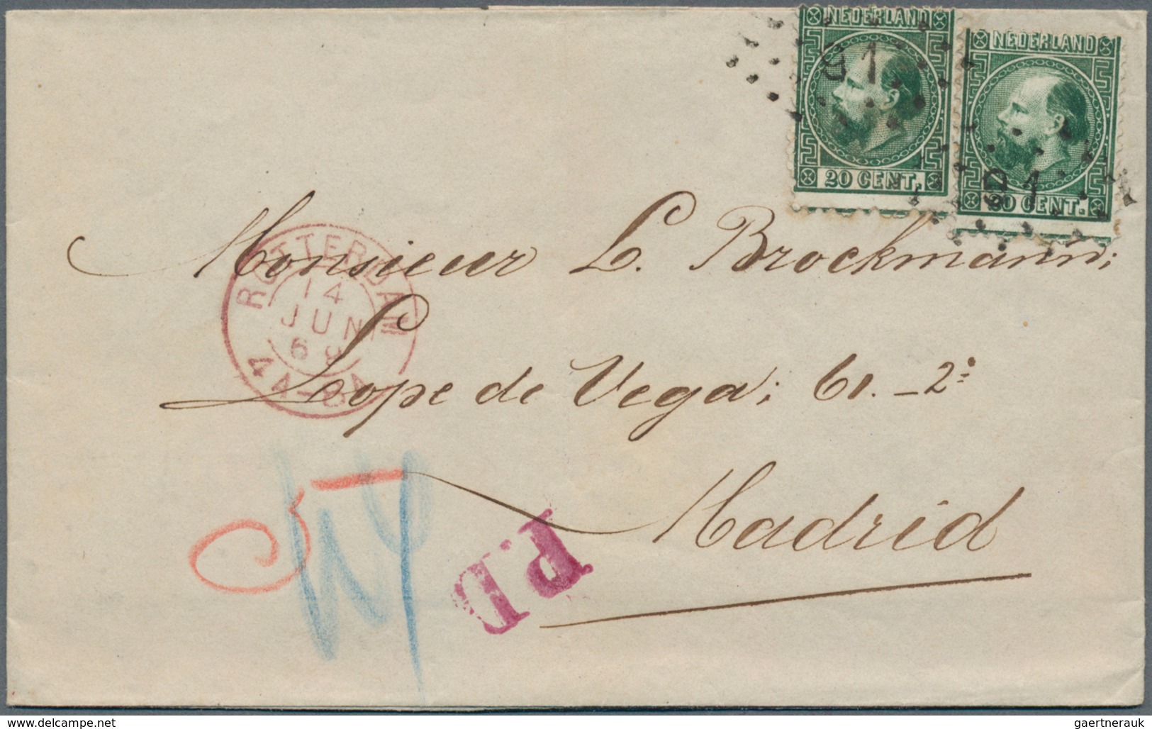 15234 Niederlande: 1869, 2 X 20 C Dark Green Willem III., Tied By Numeral Dot-cancel "91", Multiple Franki - Lettres & Documents