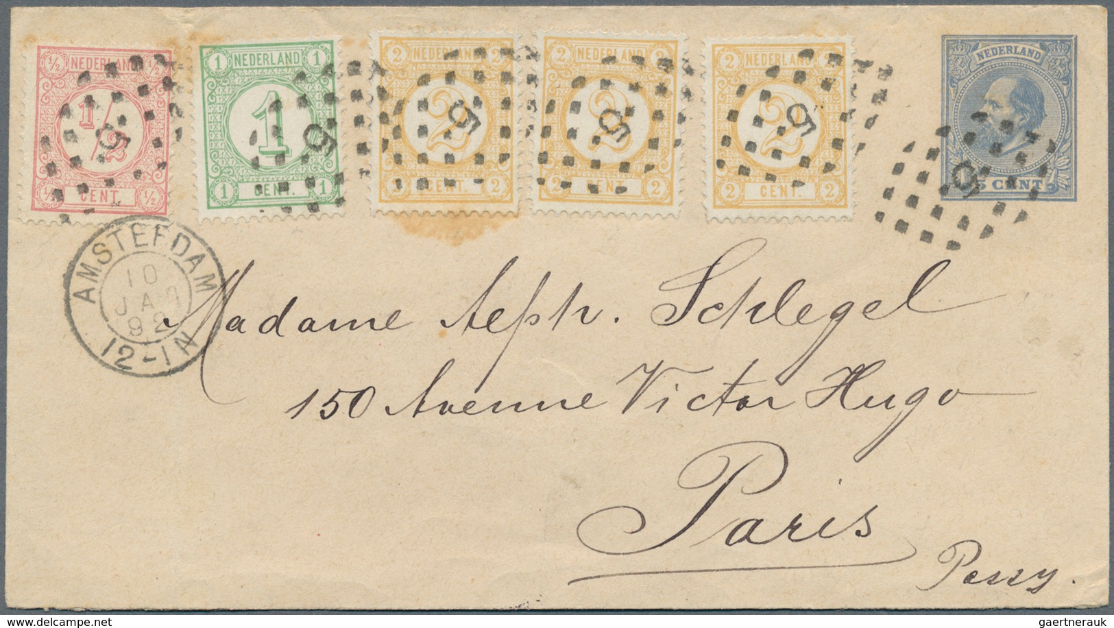 15239 Niederlande: 1892, Postal Stationery Envelope 5c. Blue Uprated By 1876 Numerals ½c. Rose, 1c. Green - Lettres & Documents