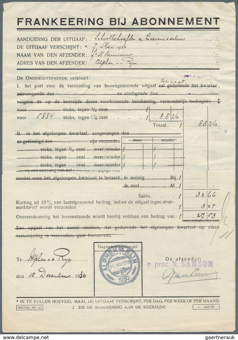 15248 Niederlande: 1926, 15 X 5 G Grey, 40 C Brown And 3 C Bright Green, Mixed Franking On Postal Form For - Briefe U. Dokumente