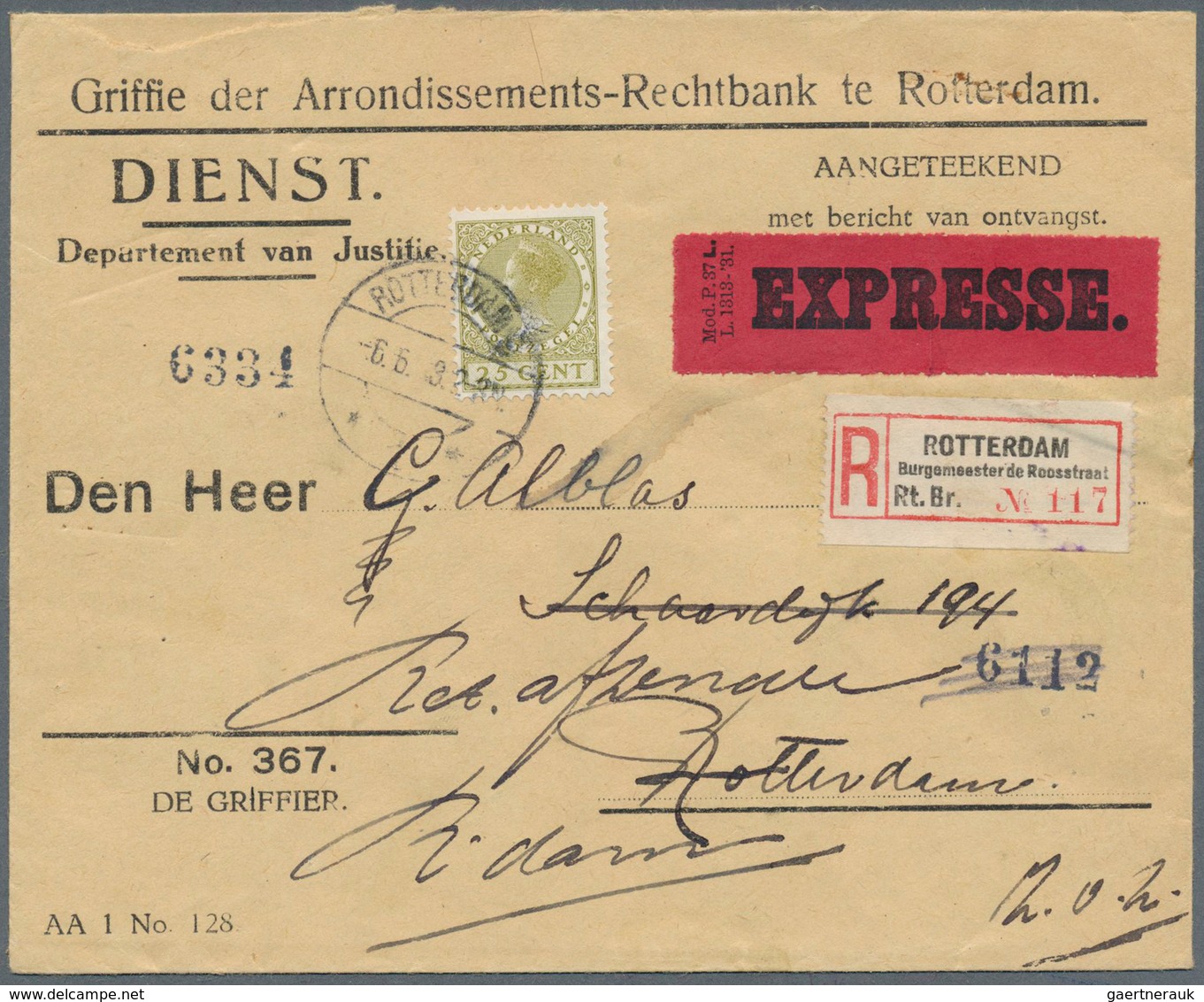 15252 Niederlande: 1927, 25 C Olive-green Wilhelmina, Single Franking To Pay Exclusively The Registration - Briefe U. Dokumente