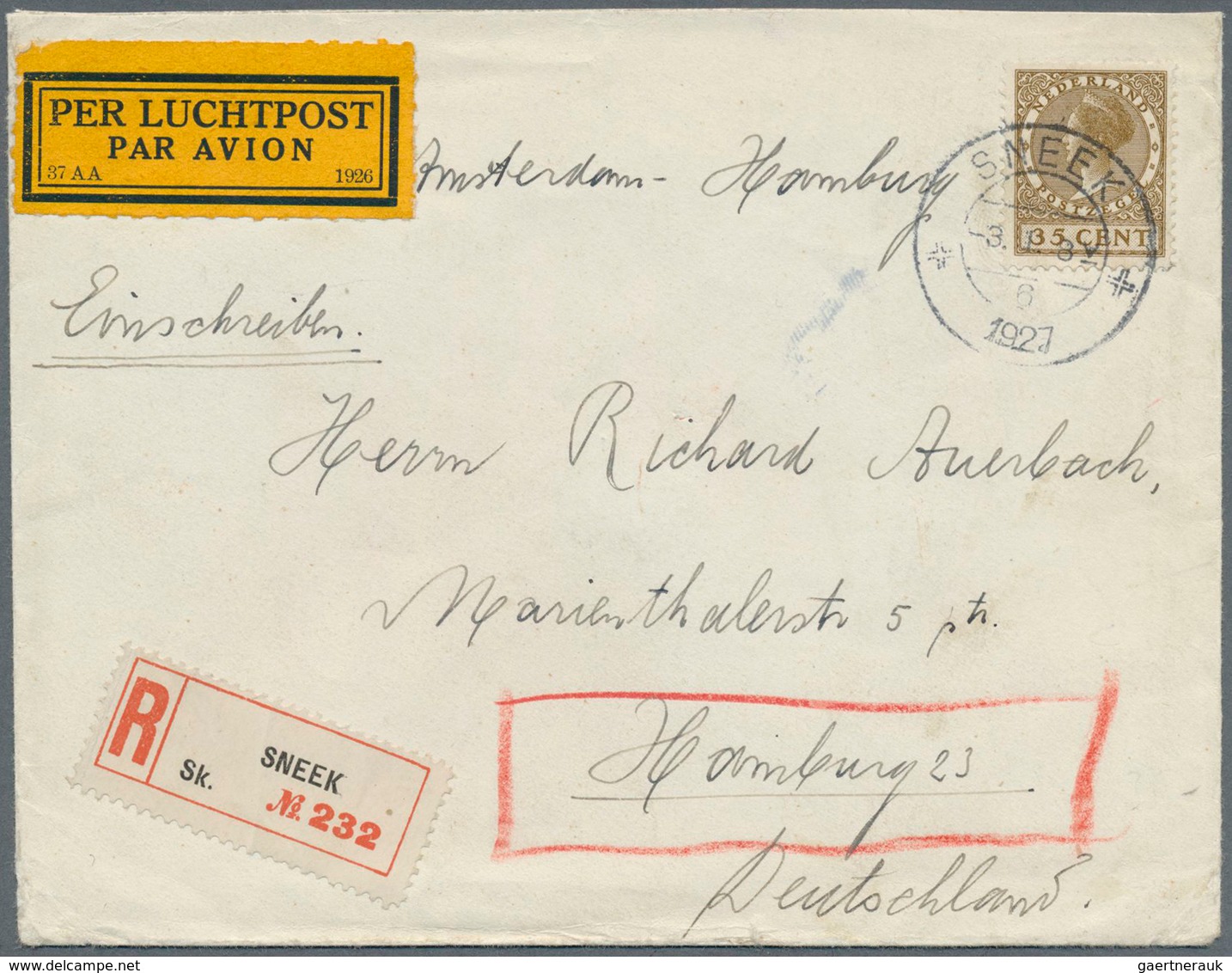 15253 Niederlande: 1927, 35 C Olive-brown Wilhelmina, Exact Rate Single Franking On Registered Airmail Cov - Lettres & Documents