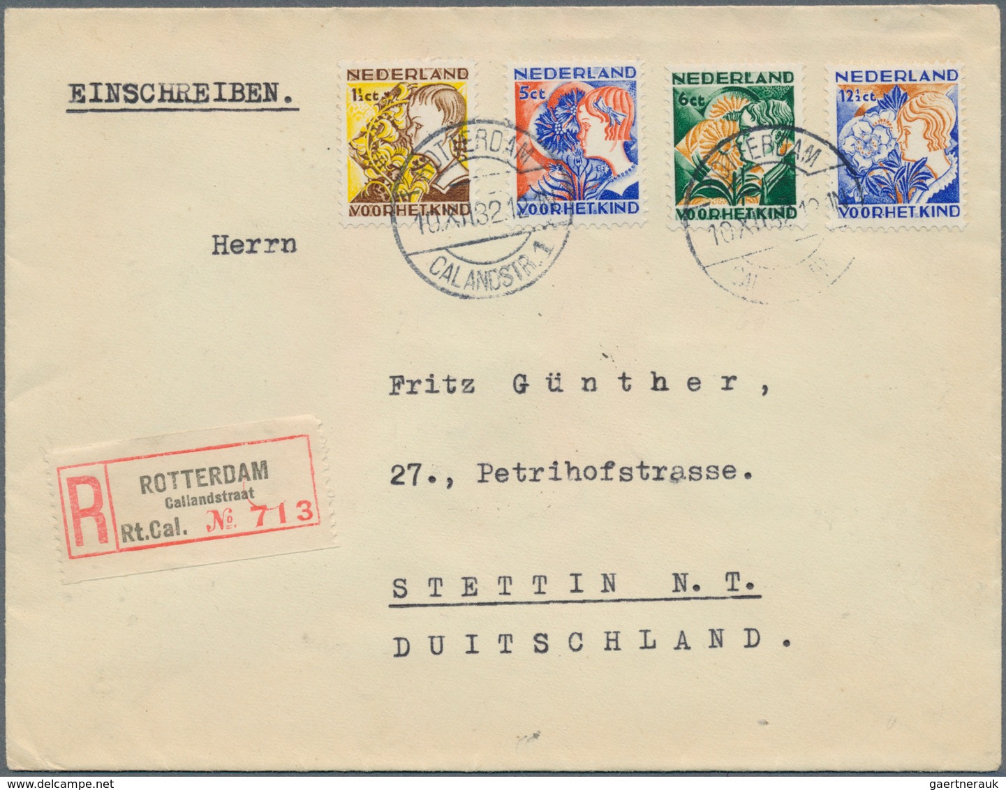 15255 Niederlande: 1932, Seltener Einschreibebrief Mit Satz "Wohlfahrt-Ausgabe VOOR HAT KIND" Aufgabe Stem - Briefe U. Dokumente