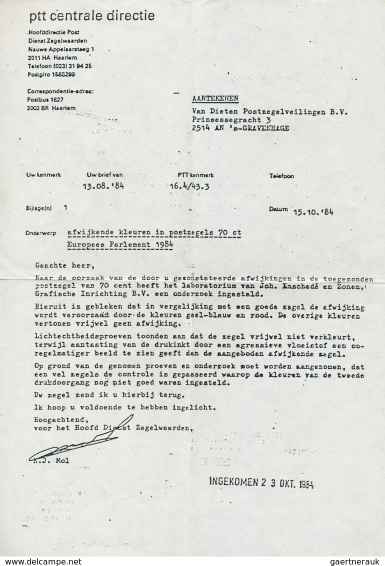 15263 Niederlande: 1984, 70 C. "ZWEITE DIREKTWAHLEN ZUM EUROPÄISCHEN PARLAMENT" Mit Extrem Seltener Abart - Briefe U. Dokumente