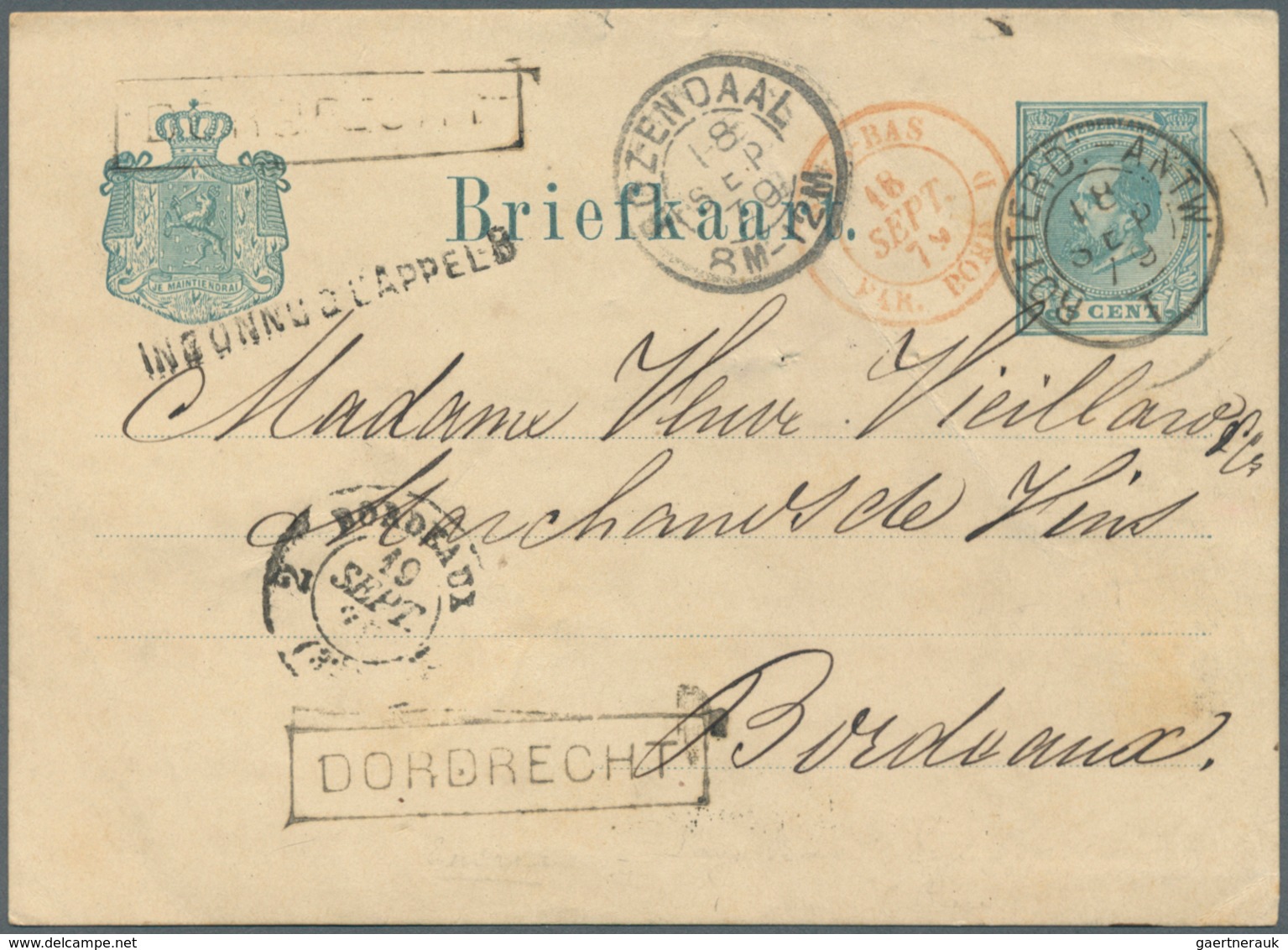 15267 Niederlande - Stempel: 1879, 5 Cent Ganzsachenkarte Ab DORDRECHT Nach Bordeaux Mit Bahnpoststempel " - Poststempel