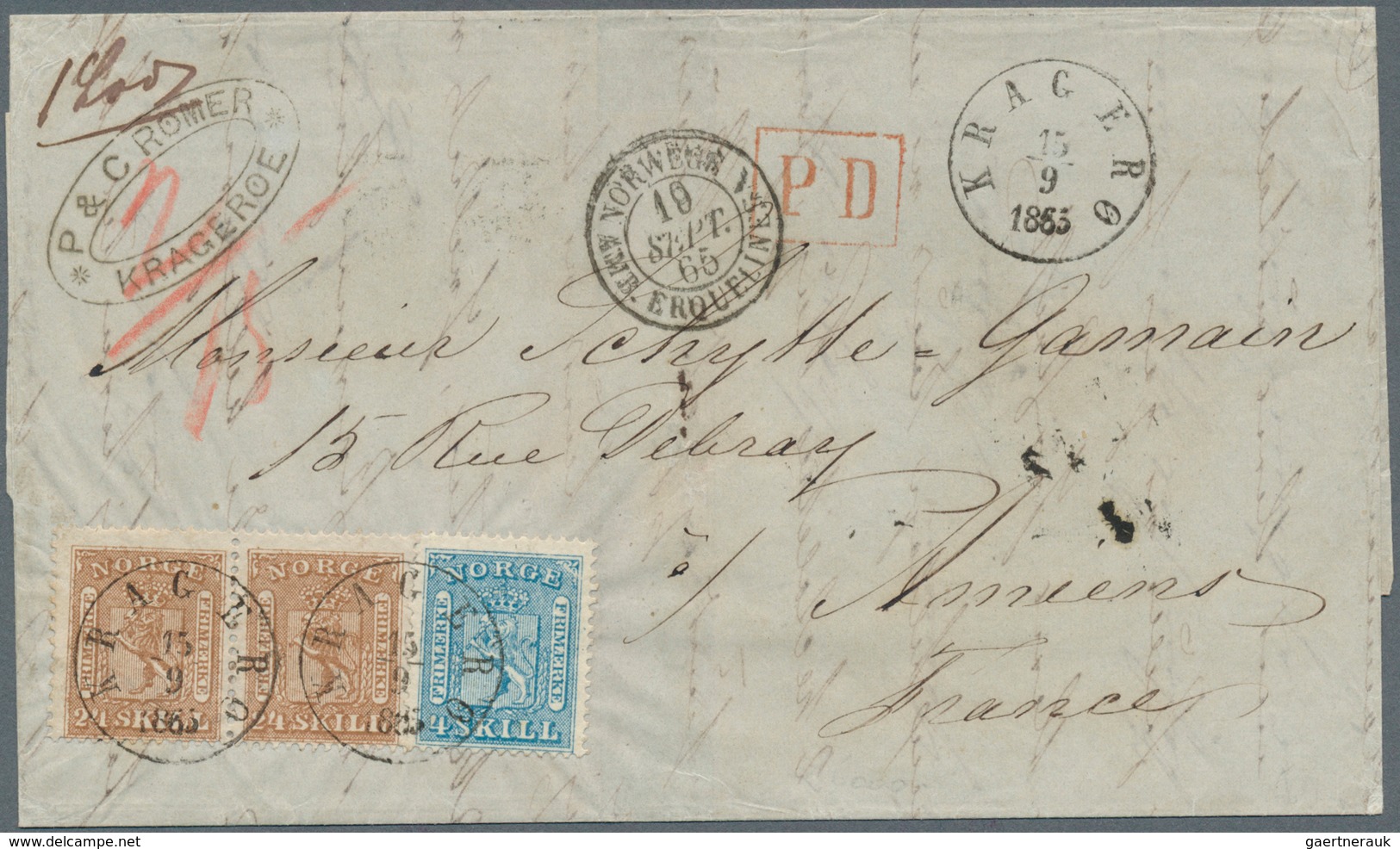 15271 Norwegen: 1863, 4 Sk Blue And Horizontal Pair 24 Sk Brown, Tied By Clear Single Circle KRAGERO, 15/9 - Ungebraucht