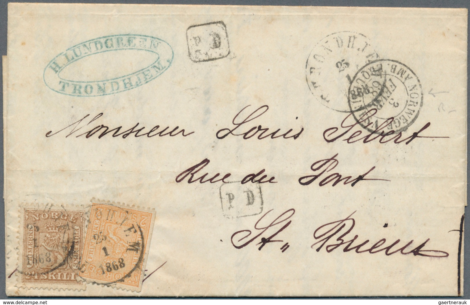 15272 Norwegen: 1868 Entire Letter From Trondheim To St. Brieuc, France Via Christiania, The Belgian-Frenc - Neufs