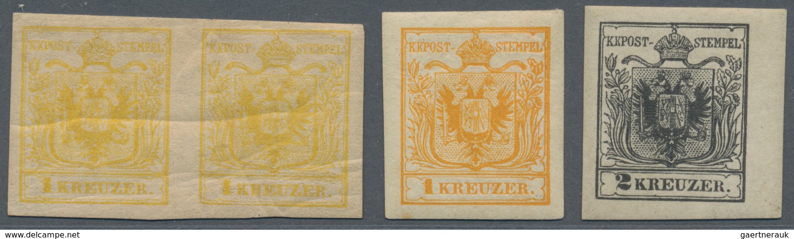 15279 Österreich: 1850, Neudrucke 1 Kr. Gelb Waagr. Paar (1870, Bügig Und Rs. Anhaftungen) Sowie Einzelwer - Neufs