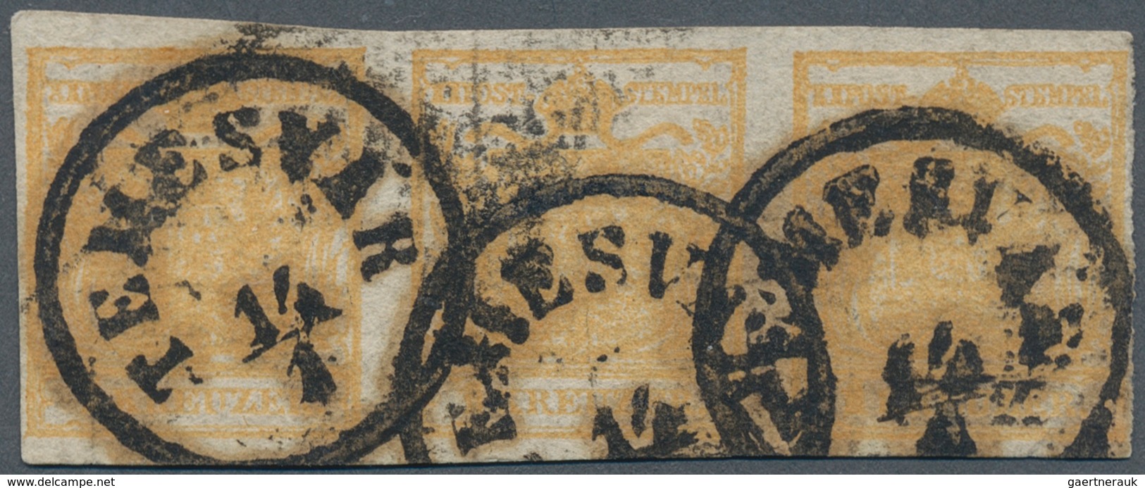 15284 Österreich: 1850. Waagr. 3er-Streifen 1 Kr Gelb Wappen, Aufrechtstehender, Doppelseitiger Druck, Sta - Neufs