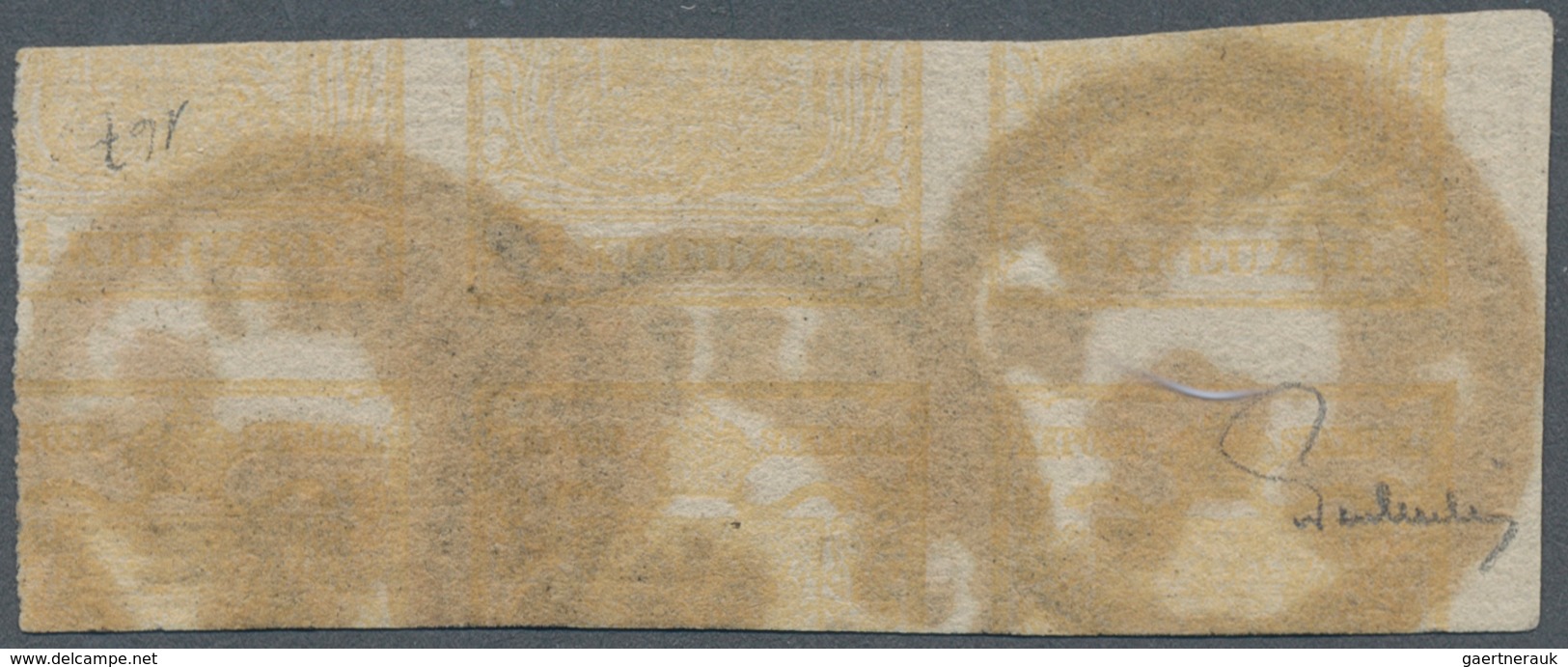 15284 Österreich: 1850. Waagr. 3er-Streifen 1 Kr Gelb Wappen, Aufrechtstehender, Doppelseitiger Druck, Sta - Neufs