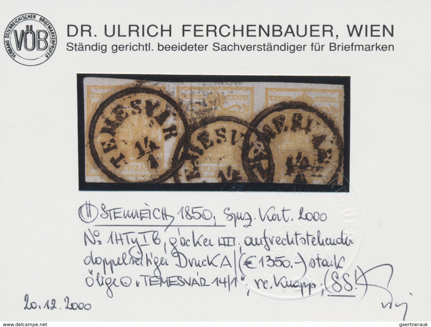 15284 Österreich: 1850. Waagr. 3er-Streifen 1 Kr Gelb Wappen, Aufrechtstehender, Doppelseitiger Druck, Sta - Neufs