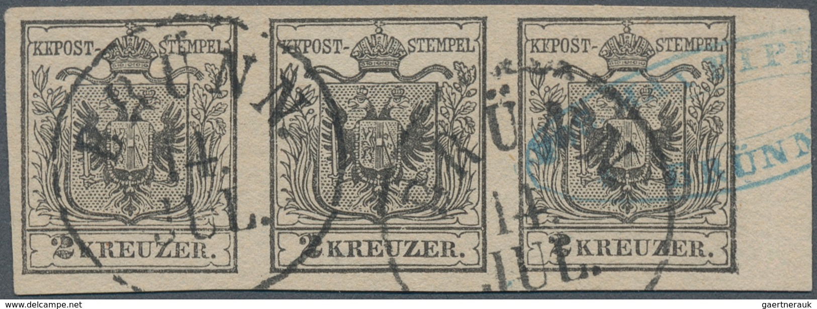 15291 Österreich: 1850, 2 Kr. Schwarz HP Type Ia Im Waagrechten Dreierstreifen Vom Rechten Rand (6 Mm) All - Ungebraucht