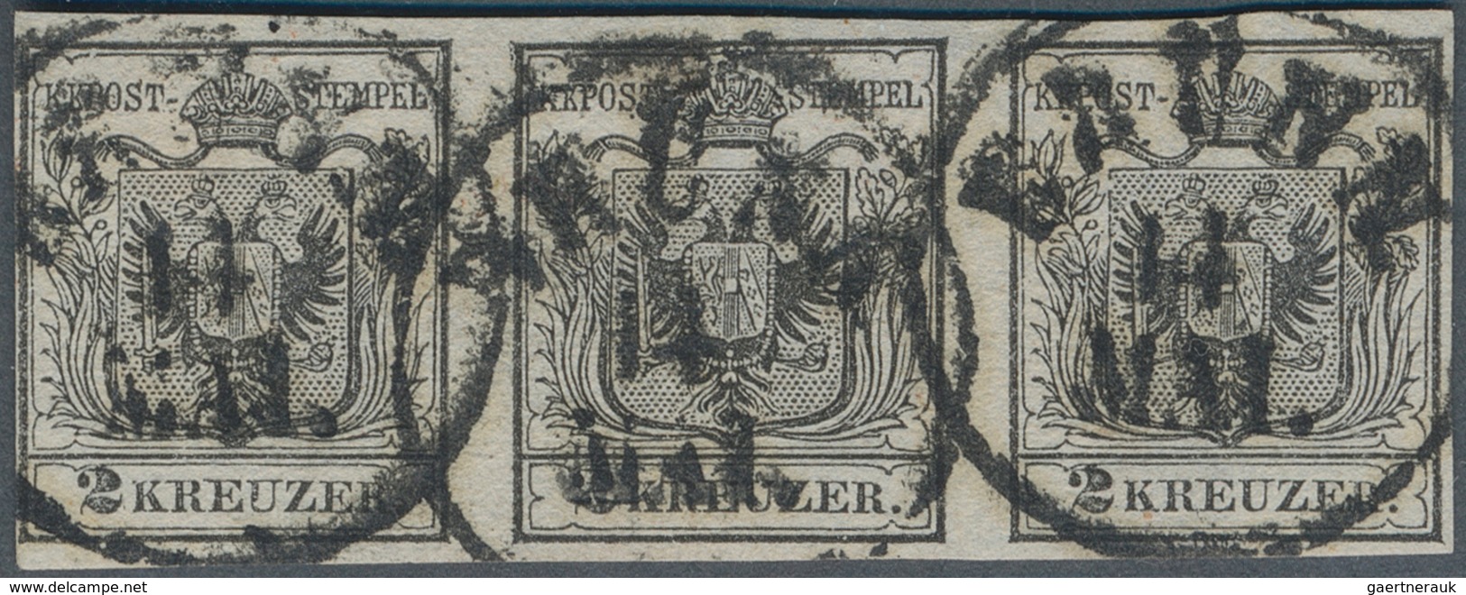 15292 Österreich: 1850, 2 Kr. Schwarz HP Type Ia (Erstdruck) Im Waagrechten Dreierstreifen Links Eng- Anso - Neufs