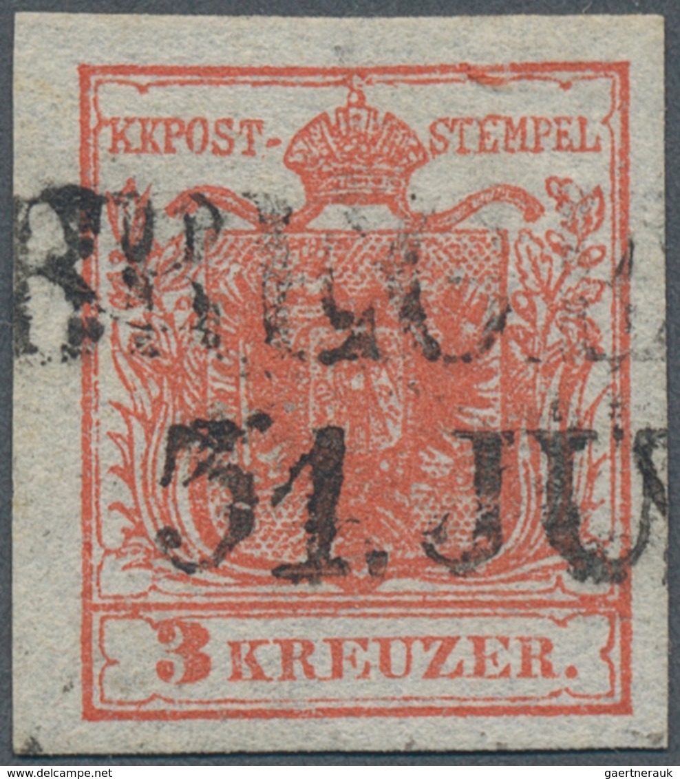 15298 Österreich: 1850, 3 Kr. Rot Auf SEIDEN-Papier (0,07 Mm) Allseits Voll- Bis Breitrandig Mit Sauberen - Neufs