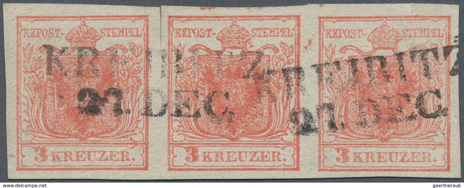 15299 Österreich: 1850, 3 Kr. Rot HP Type I Im Waagr. Allseits Voll- Bis Breitrandigen DREIER-Streifen Mit - Ungebraucht