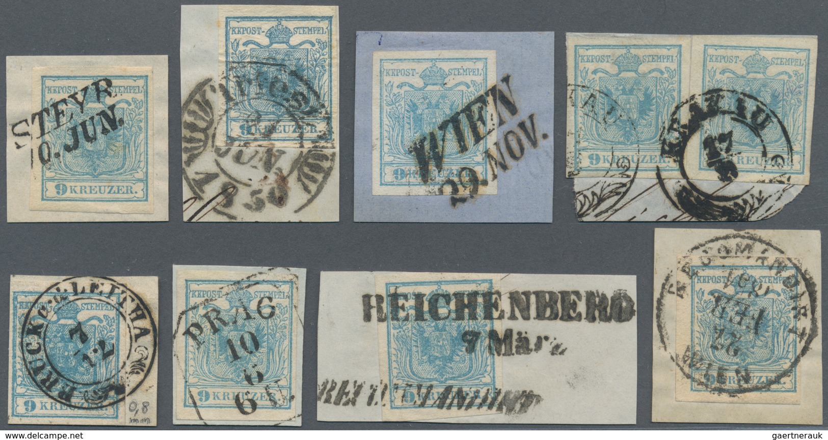 15313 Österreich: 1850, 9 Kr. Hellblau HP Type I 28 Werte Lose Oder Auf Briefstücken Alle Voll- Bis Breitr - Neufs