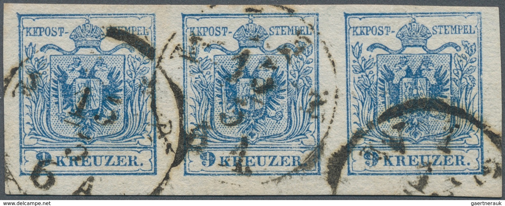 15319 Österreich: 1850, 9 Kr. Blau HP Type III Im Waagrechten Dreierstreifen Allseits Voll- Bis Breitrandi - Ungebraucht