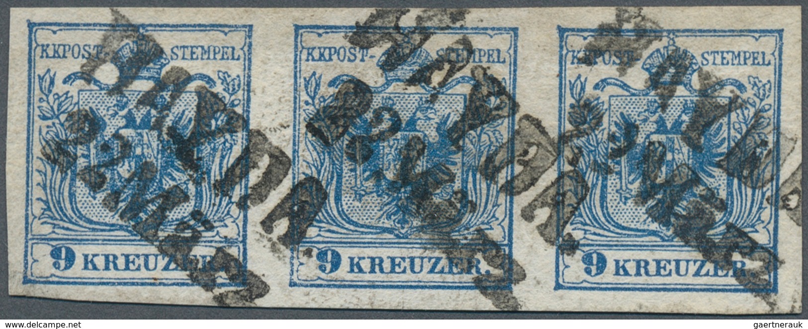 15320 Österreich: 1850, 9 Kr. Blau HP Type III Im Waagrechten Dreierstreifen Allseits Voll- Bis Breitrandi - Ungebraucht