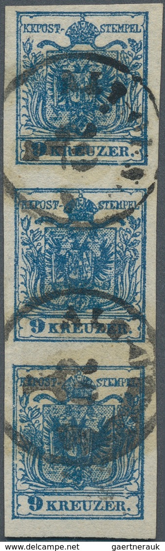 15321 Österreich: 1850, 9 Kr. Dunkelblau Type III Auf Dünnem Handpapier Im Senkrechten Dreierstreifen Alls - Neufs